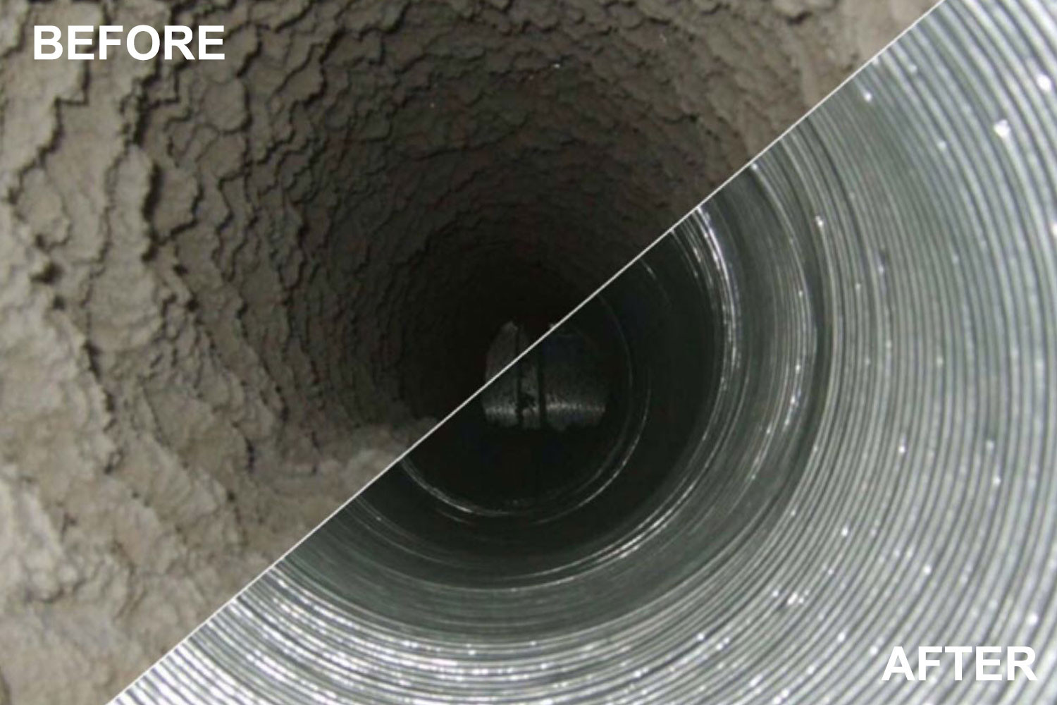 Before and after professional duct cleaning showing dramatic improvement in ductwork condition