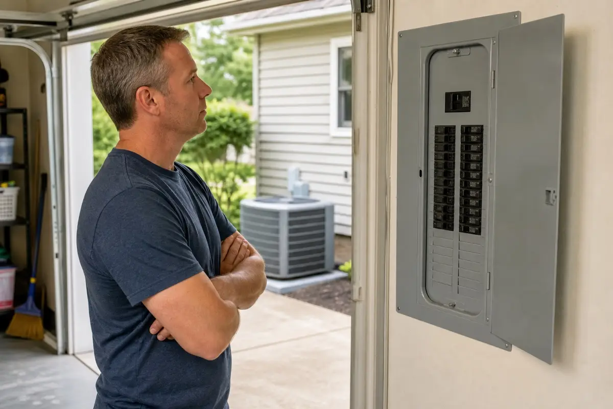 A homeowner safely checking a gray breaker panel in an attached garage before a heat pump upgrade