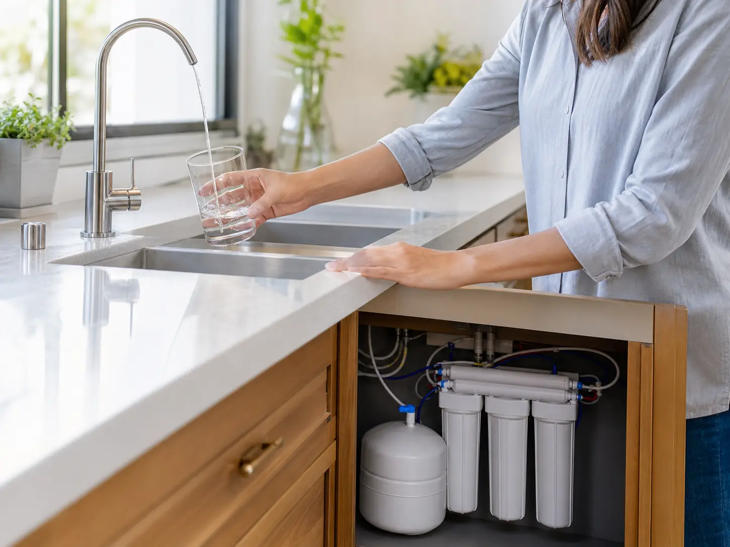 Homeowner filling a glass from a reverse osmosis faucet with the system installed under the kitchen sink