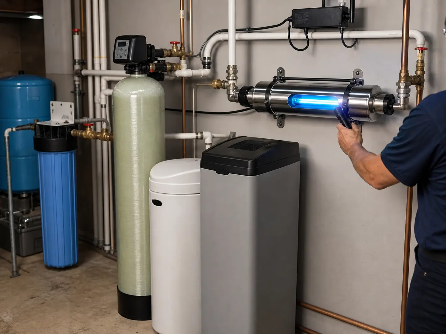 Technician inspecting a UV purification chamber in a staged well-water treatment system