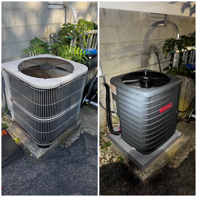 Before and after AC replacement showing the old outdoor unit next to the newly installed system