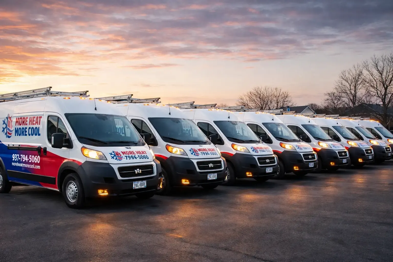 The More Heat More Cool service fleet lined up at sunset