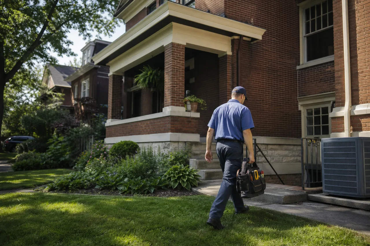 HVAC technician approaching an older Cincinnati character home for service