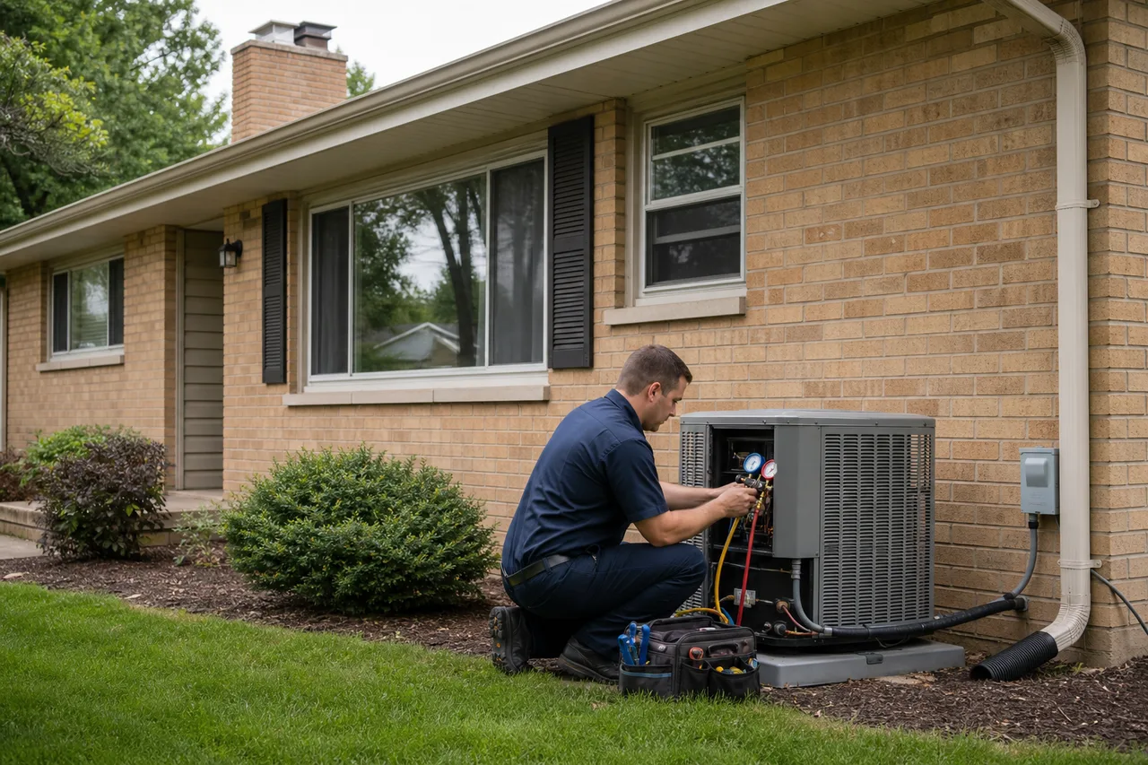HVAC technician servicing outdoor equipment at an established Dayton Ohio home