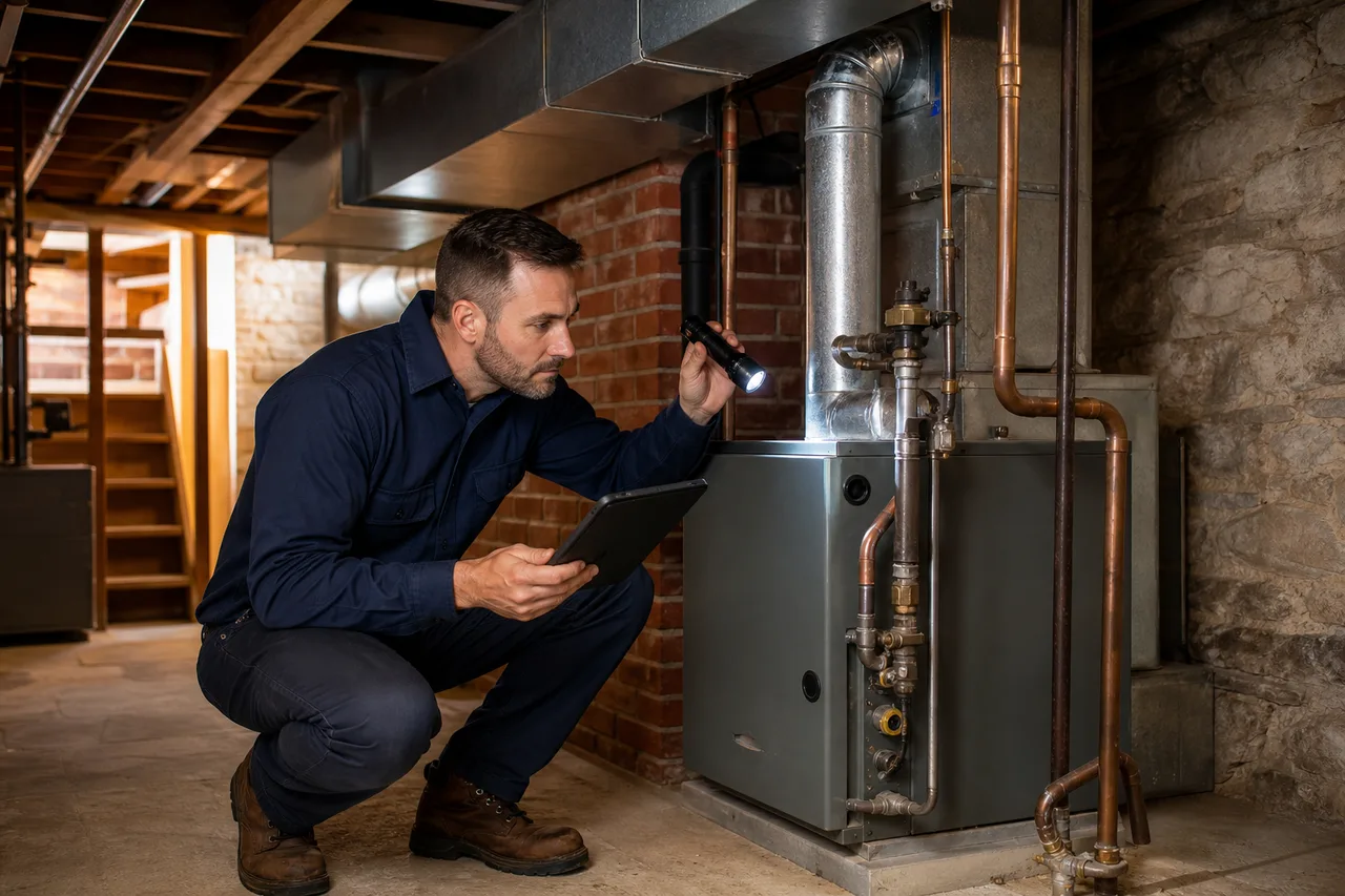 HVAC technician inspecting older mechanical equipment in a Lebanon Ohio historic home