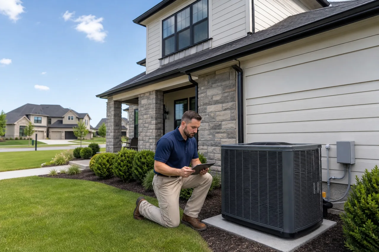 More Heat More Cool technician at a newer Mason, Ohio two-story home