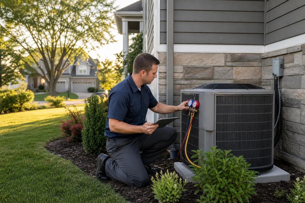 HVAC technician servicing an outdoor AC unit at a Monroe Ohio home
