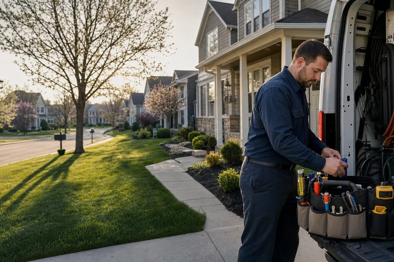 HVAC technician preparing for service from a Monroe Ohio home base