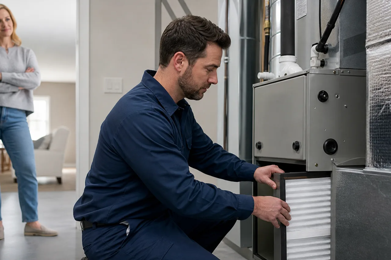 HVAC technician replacing an air filter near a furnace in a Springboro Ohio family home