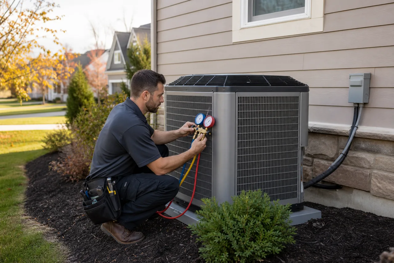 HVAC technician inspecting an outdoor heat pump in West Chester Ohio