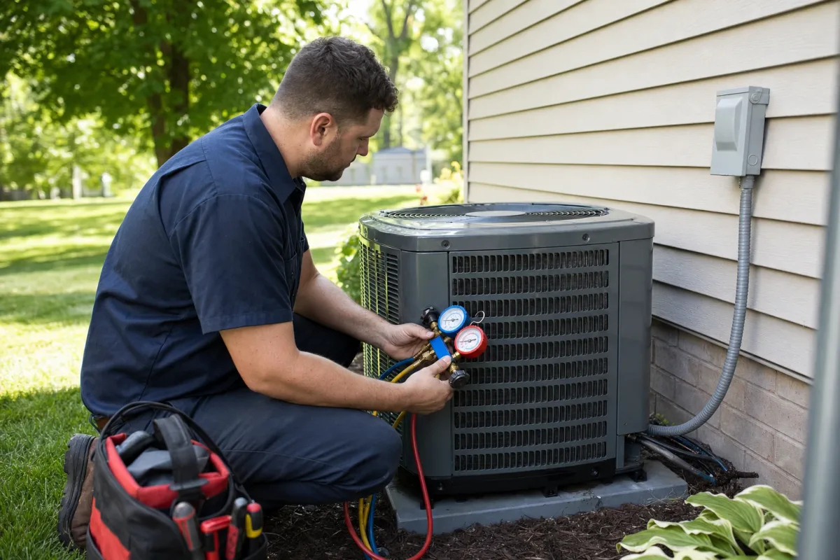 Technician inspecting an outdoor air conditioner condenser beside a Mason, Ohio home on a summer day