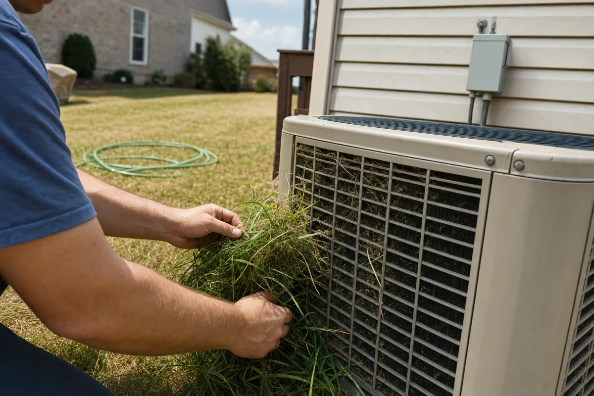 A homeowner clearing grass clippings from around an outdoor AC condenser in a Kettering, Ohio backyard on a hot summer afternoon