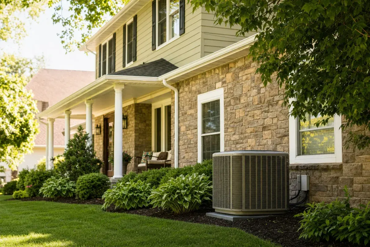 A comfortable Montgomery, Ohio home in a tree-lined neighborhood on a summer day with its HVAC system running