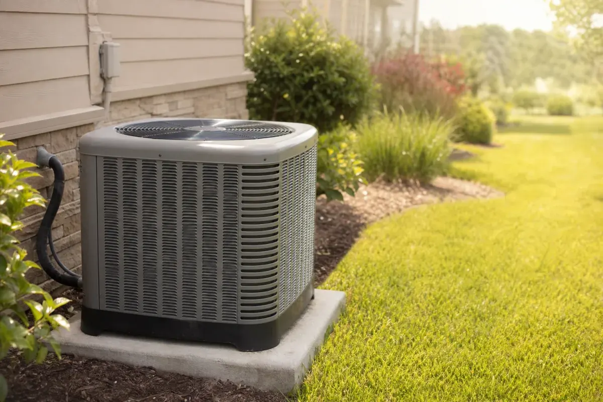 Outdoor air conditioner condenser beside a Monroe, Ohio home during a hot summer afternoon