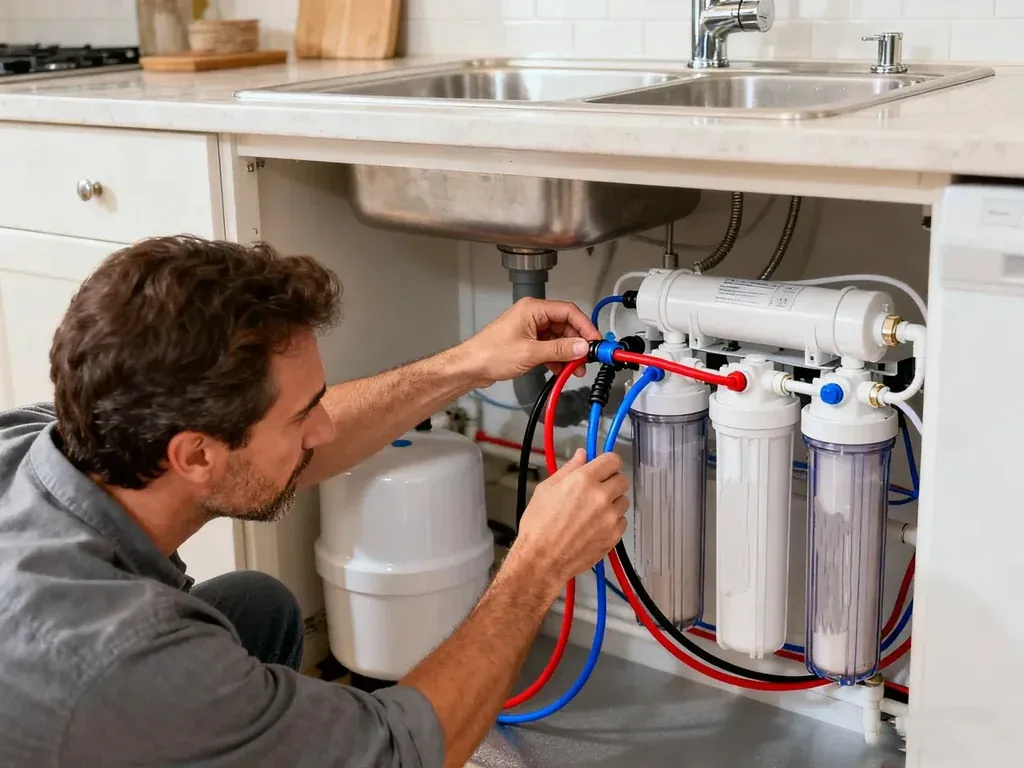 Technician connecting the supply lines on a multi-stage reverse osmosis drinking water system under a kitchen sink