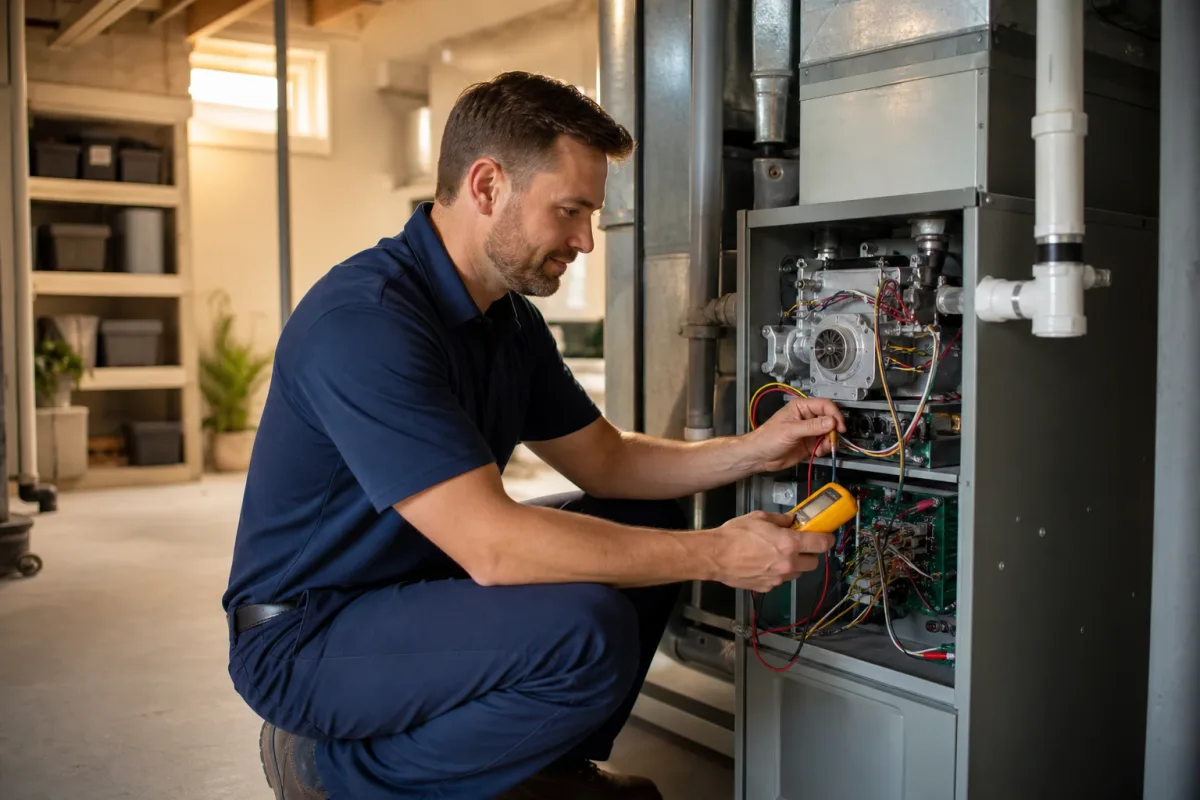 Furnace technician testing a furnace control board during a fall tune-up in a Monroe, Ohio basement