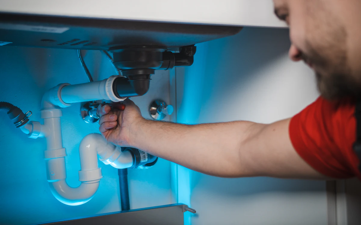 Plumber connecting supply lines under a kitchen sink while installing a water filtration system