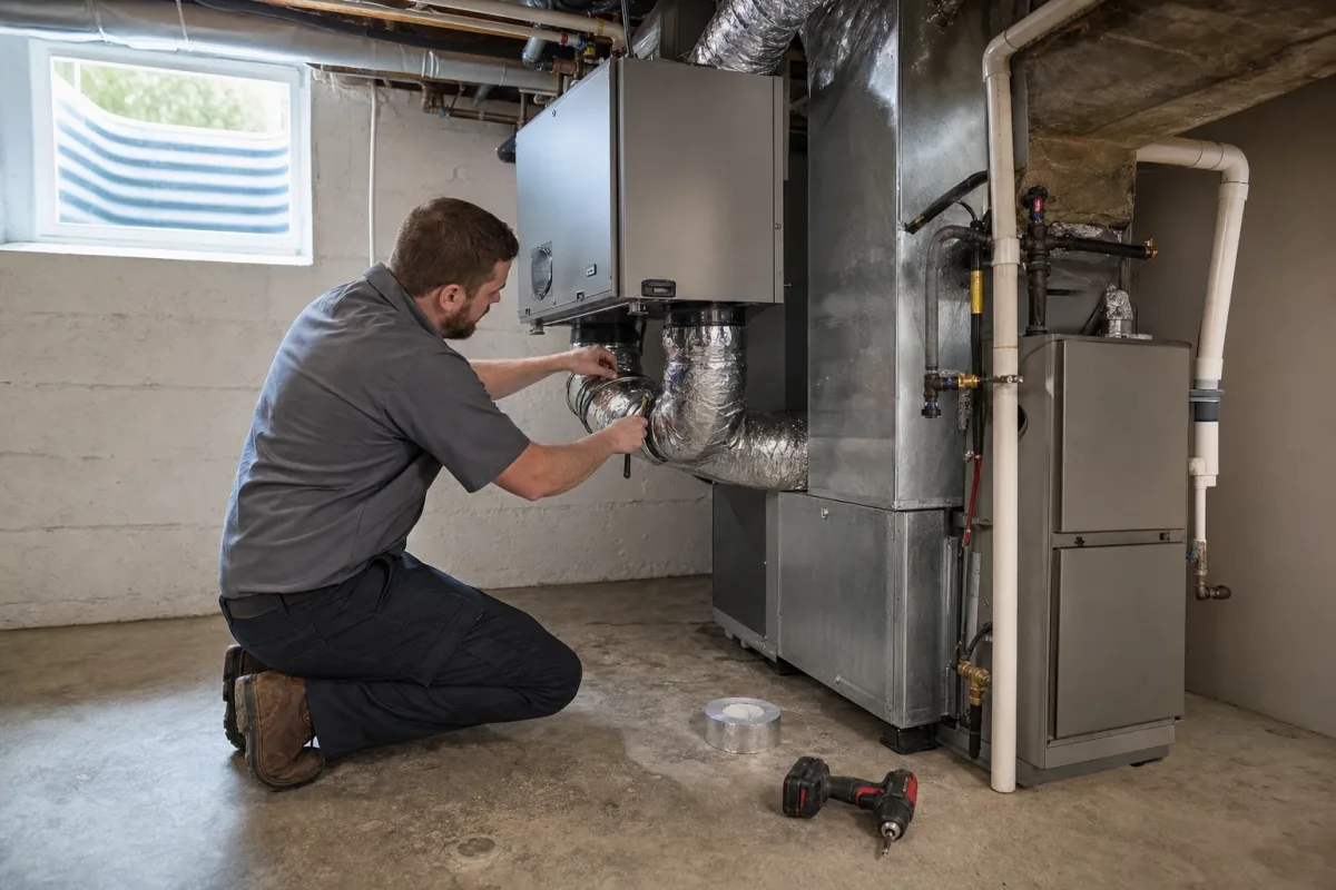 More Heat More Cool technician servicing a whole-home air handler