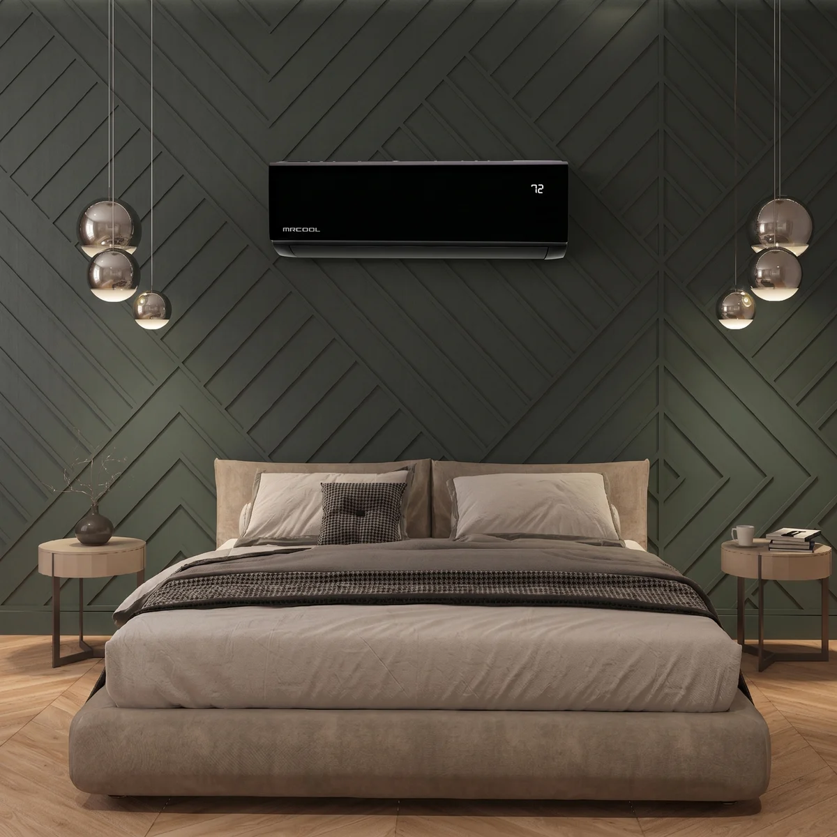 Wall-mounted ductless mini-split indoor unit keeping a modern bedroom at a comfortable temperature